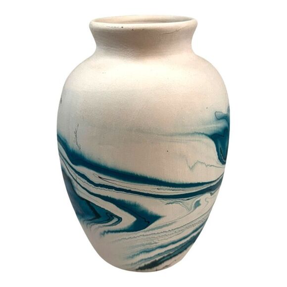Nemadji Pottery Vase Vintage Blue Green Swirls 7" Tall Teal Turquoise Southwest - Picture 3 of 6